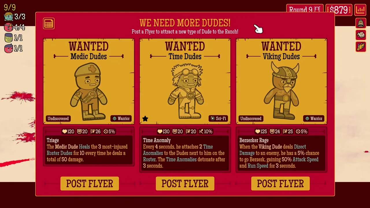 How Many Dudes? Flyer recruitment window showing three recruitable Dude Types