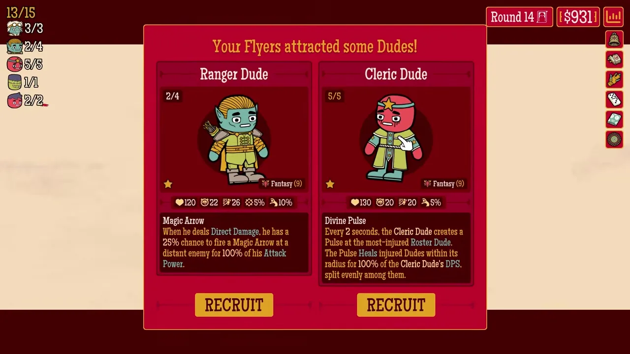How Many Dudes? five-Dude roster bar with Family tags visible before a fight node